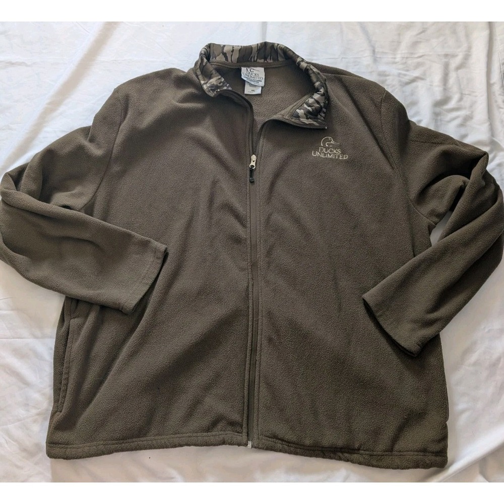 Ducks Unlimited Mens‎ 2XL Full-Zip Green Fleece Sweatshirt With Camo Collar